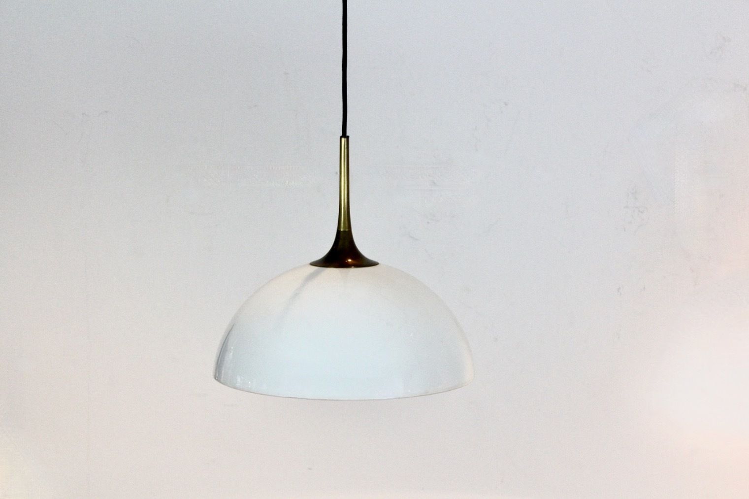 photo for sale Pair Of Brass And White Opal Glass Pendant Lights By Florian Schulz
