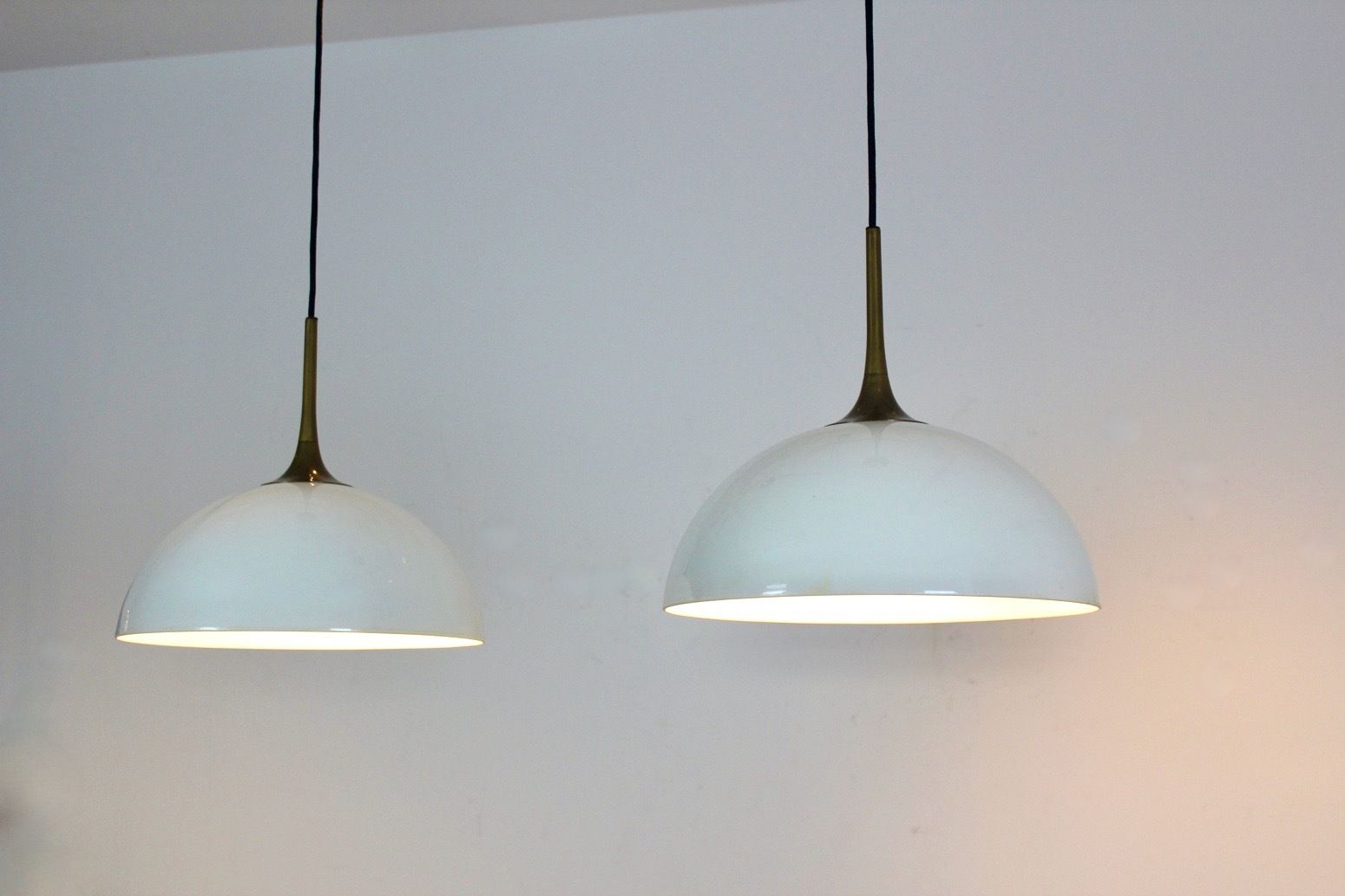 Lighting Pair Of Brass And White Opal Glass Pendant Lights By Florian Schulz photo