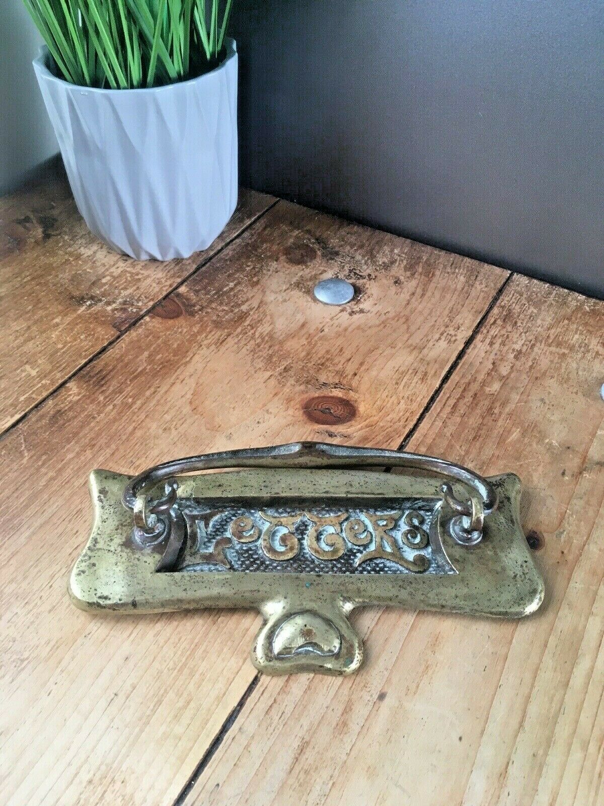 Reclaimed Antique Art Nouveau Brass Door Knocker Letter Box Mail Posting Slot photo 75.0