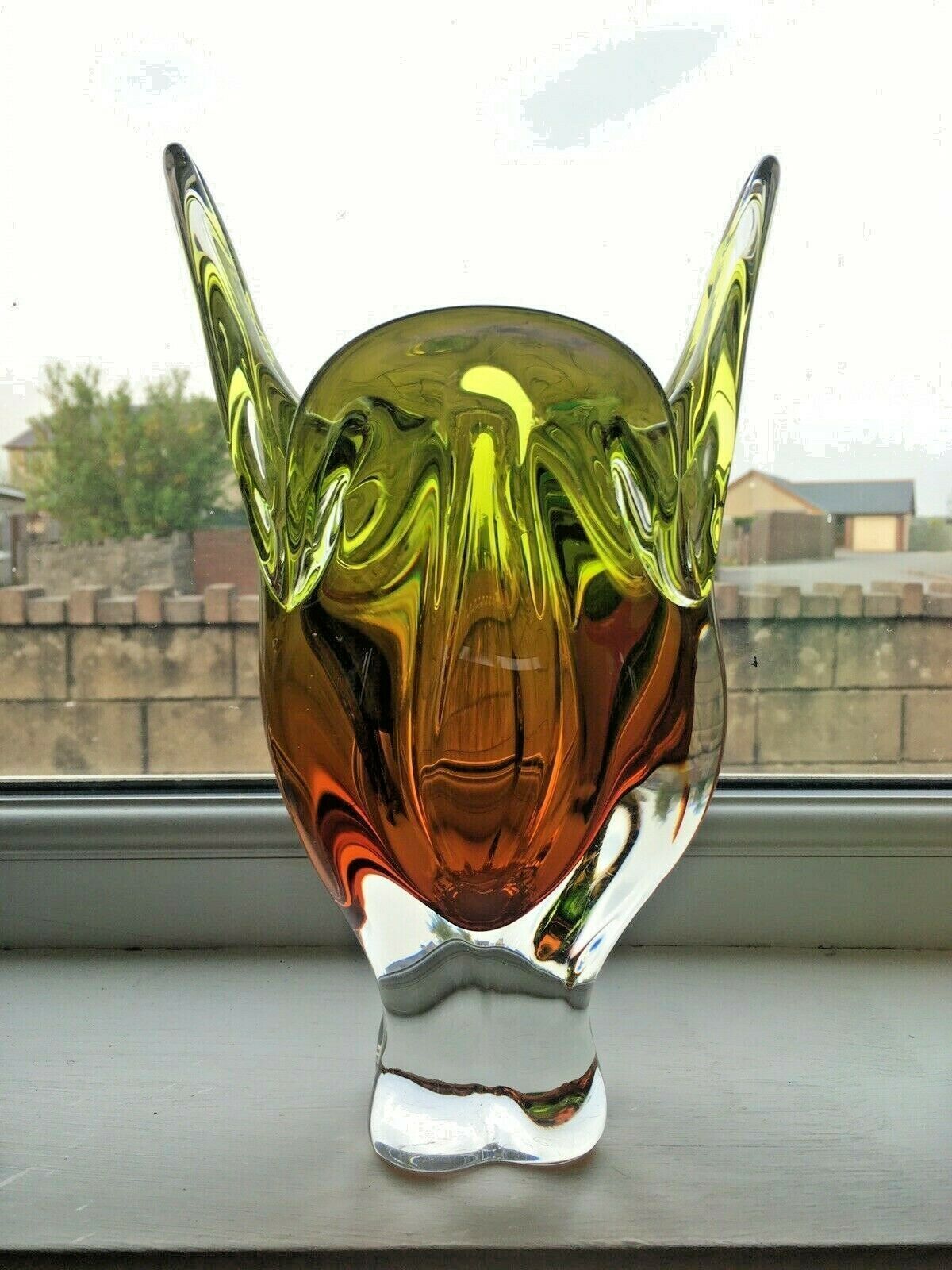 Large Heavy Green & Brown Czech Chribska Freeform Art Glass Vase Josef Hospodka photo furniture