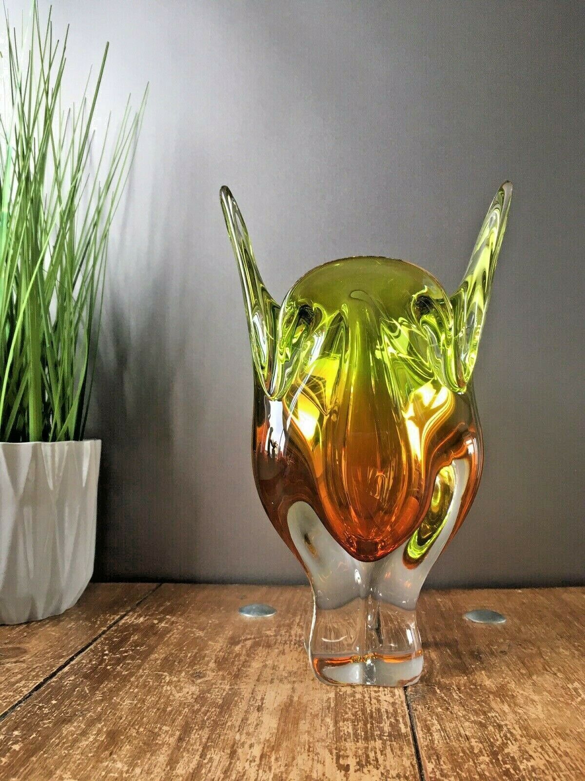 Large Heavy Green & Brown Czech Chribska Freeform Art Glass Vase Josef Hospodka photo for sale