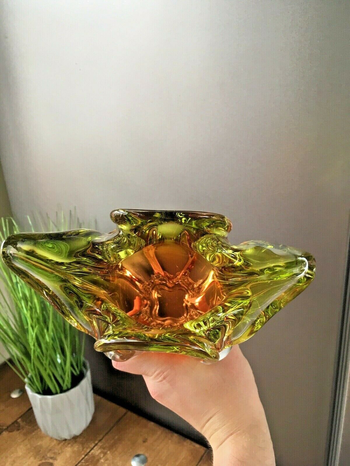 Large Heavy Green & Brown Czech Chribska Freeform Art Glass Vase Josef Hospodka photo 50.0