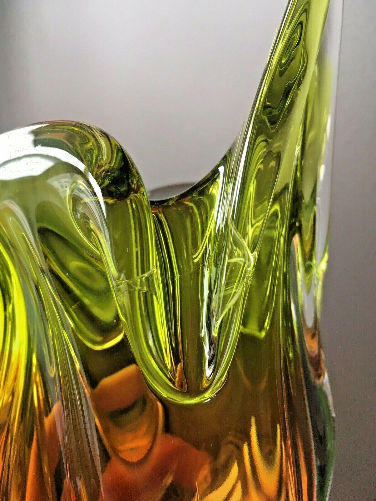 Large Heavy Green & Brown Czech Chribska Freeform Art Glass Vase Josef Hospodka photo vintage