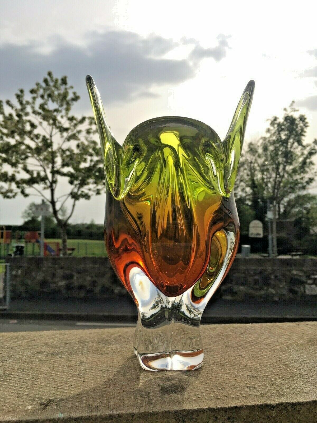 photo vinterior Large Heavy Green & Brown Czech Chribska Freeform Art Glass Vase Josef Hospodka