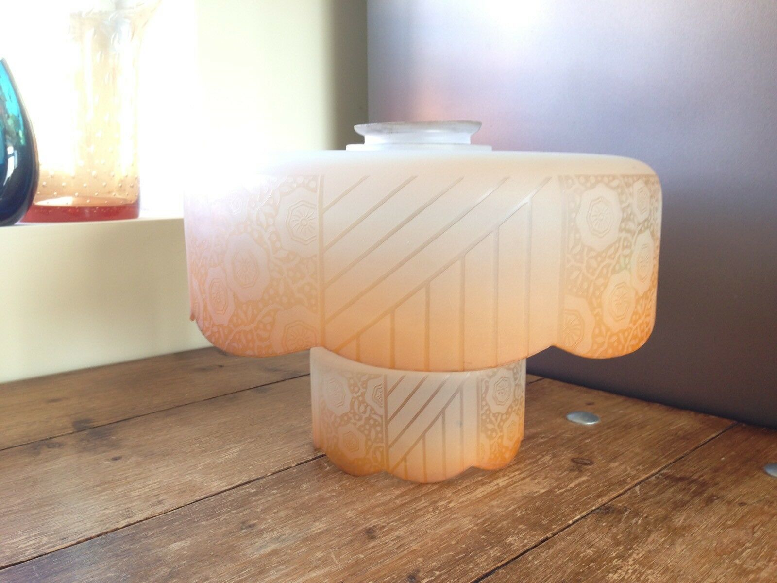 2 Piece Art Deco Orange Frosted Floral Flower Power Glass Ceiling Light Shade photo 240.0
