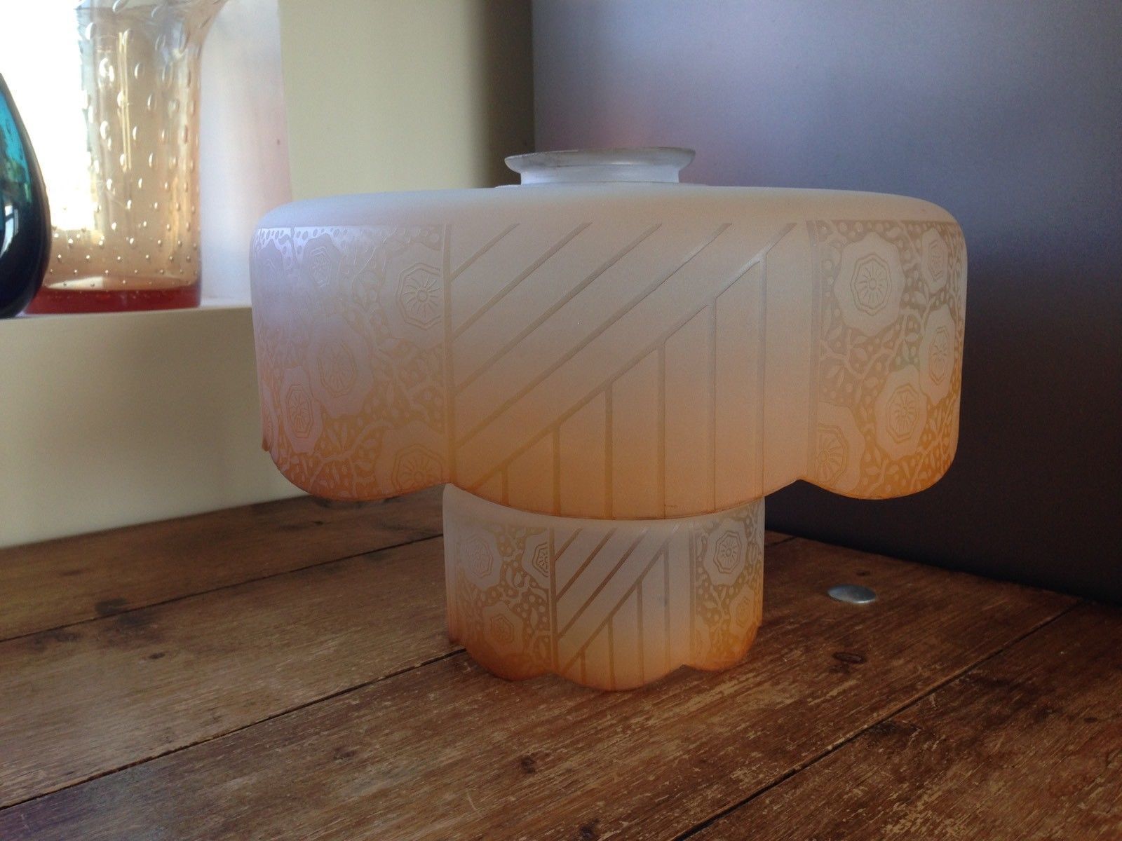 2 Piece Art Deco Orange Frosted Floral Flower Power Glass Ceiling Light Shade photo vinterior