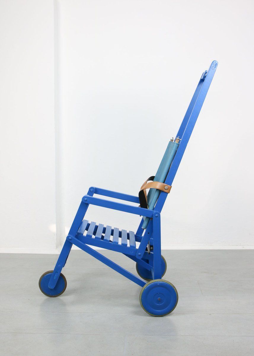 Mid Century Blue Wooden Foldable Stroller, 1960s photo furniture