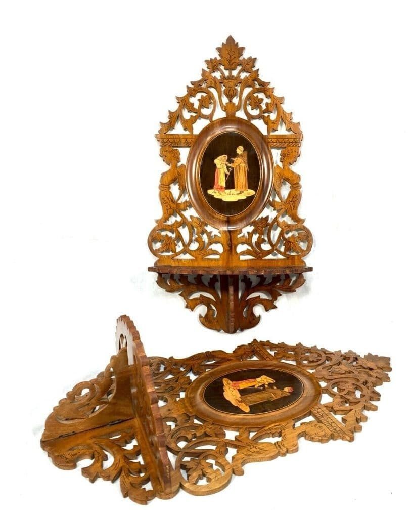 Antique Pair Of Italian Sorrento Ware Olive Wood Fretwork Shelves / Shelf C.1900 photo vintage