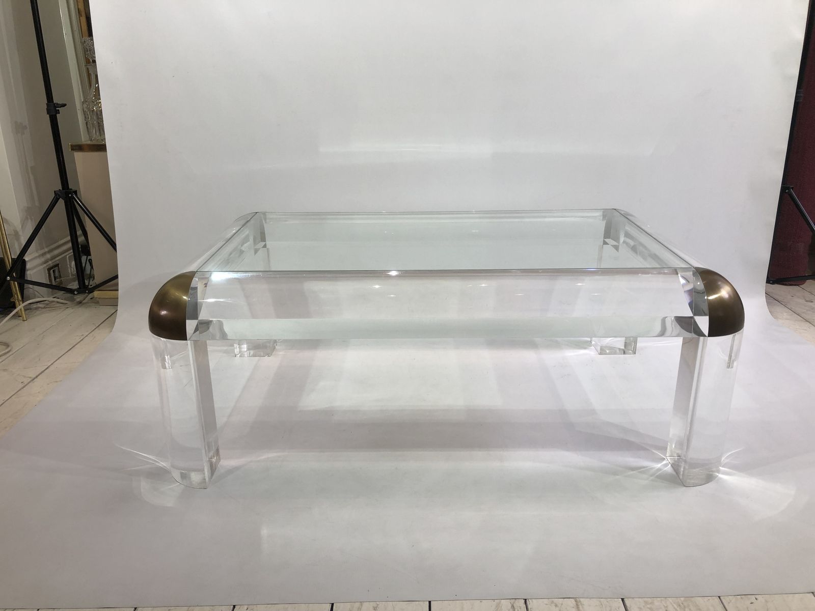 Lucite And Brass Karl Springer Style Coffee Table 1970s Modernist Mid Century photo vinterior
