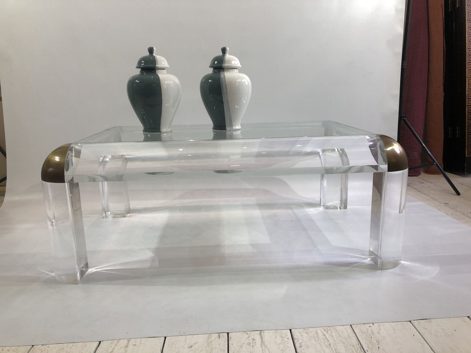 photo furniture Lucite And Brass Karl Springer Style Coffee Table 1970s Modernist Mid Century