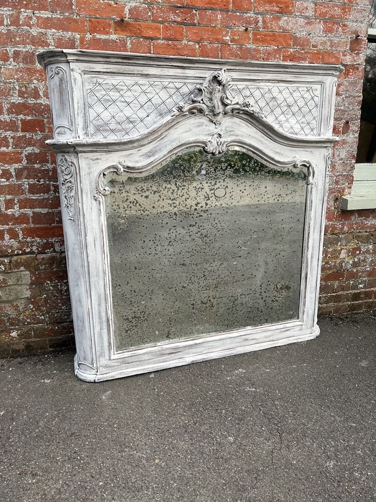 A Spectacular Highly Unusual Large Antique French 19th Century Carved Wood Painted Overmantle Mirror