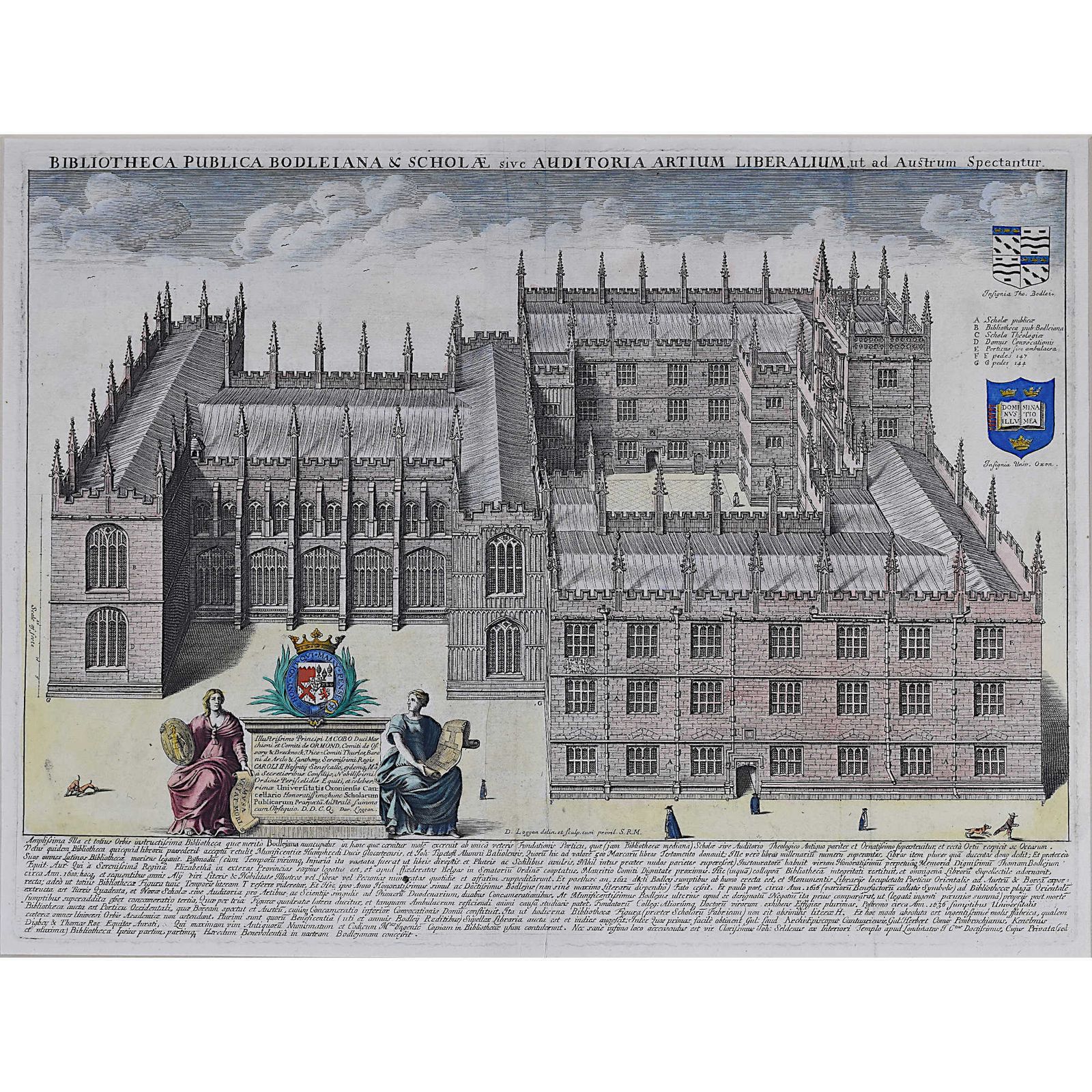 David Loggan Bodleian Library Oxford Aerial View Hand Coloured Engraving 1675