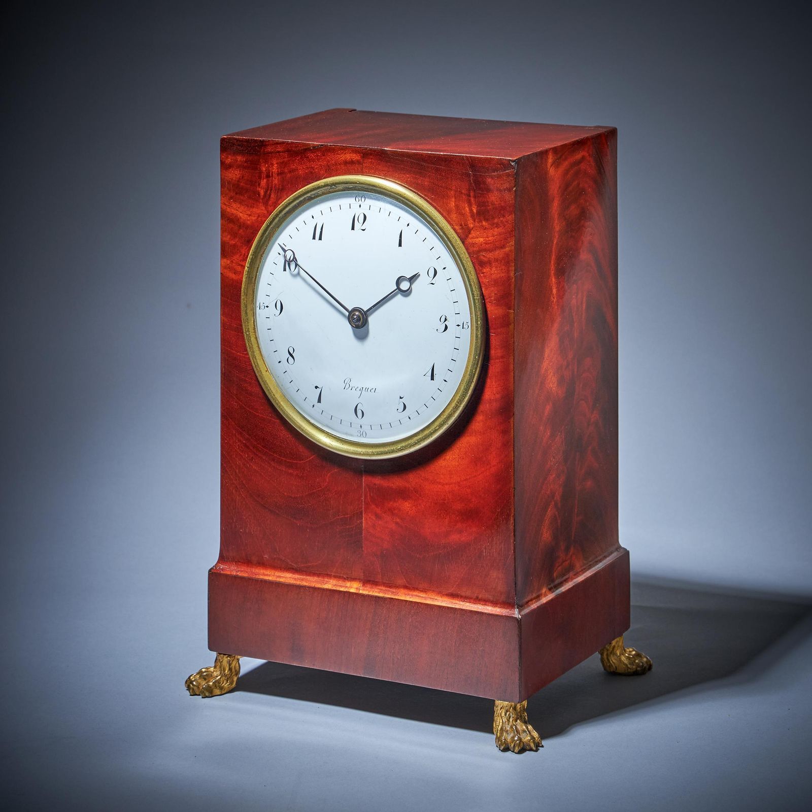 19th Century Flame Mahogany Mantel Clock By Breguet Raised By Lion Poor Feet