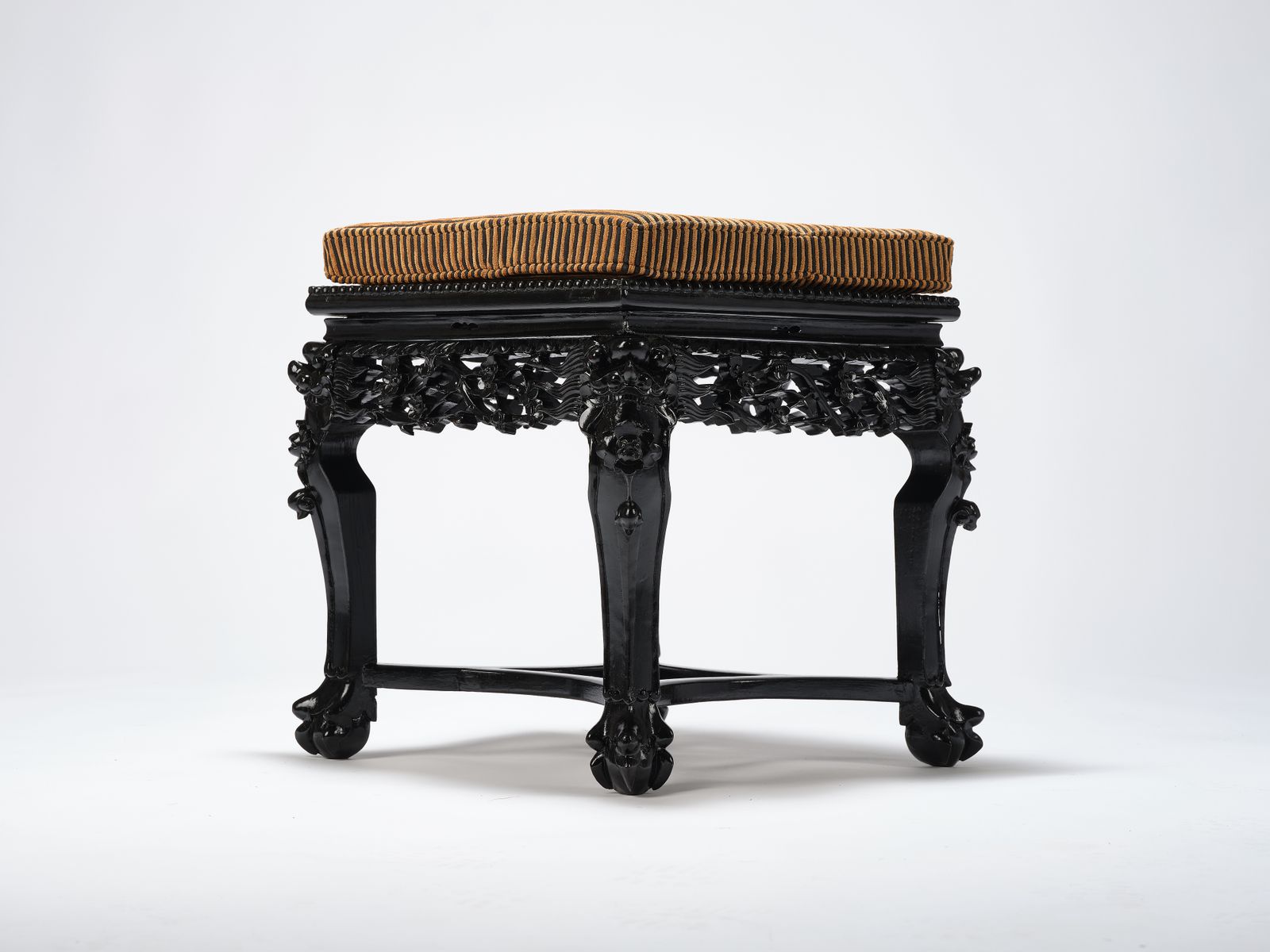 Gorgeous 'Ebonised' Intricately Carved Asian Lions Head Table With Seat Pad. Circa 1970. photo furniture