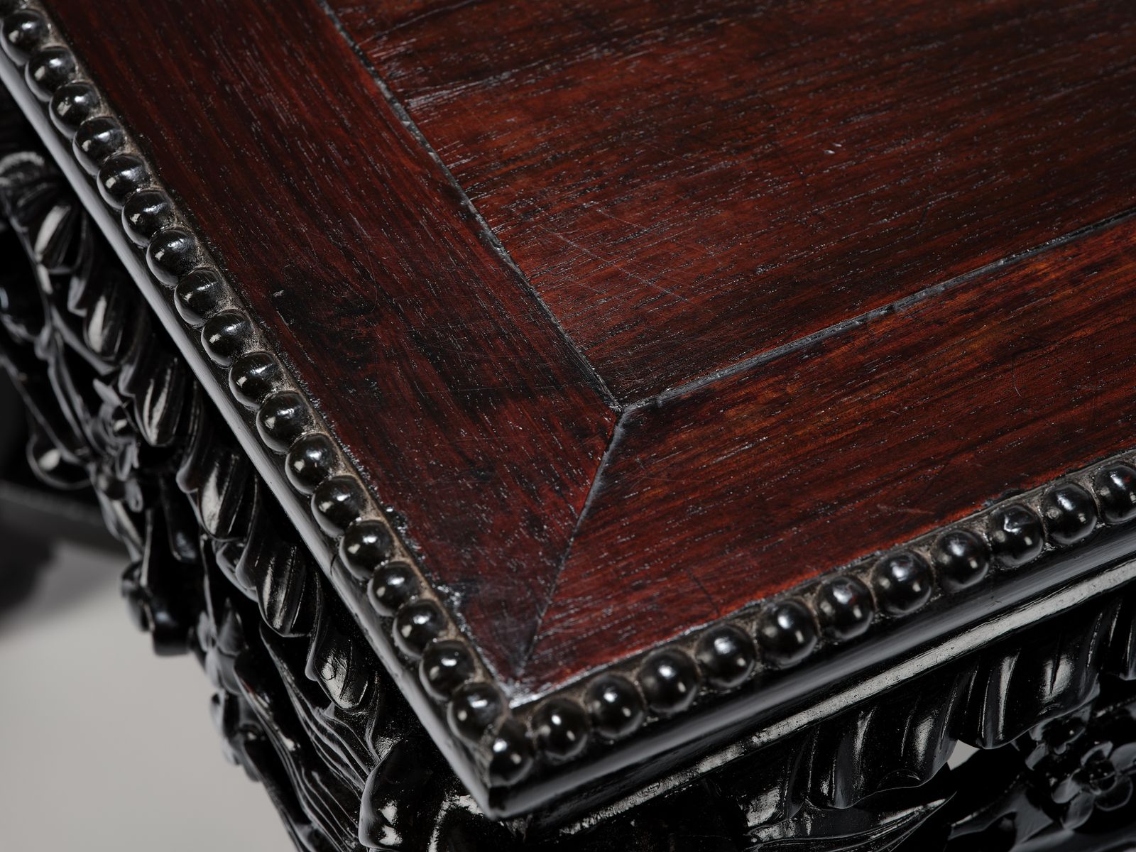 Gorgeous 'Ebonised' Intricately Carved Asian Lions Head Table With Seat Pad. Circa 1970. photo buy