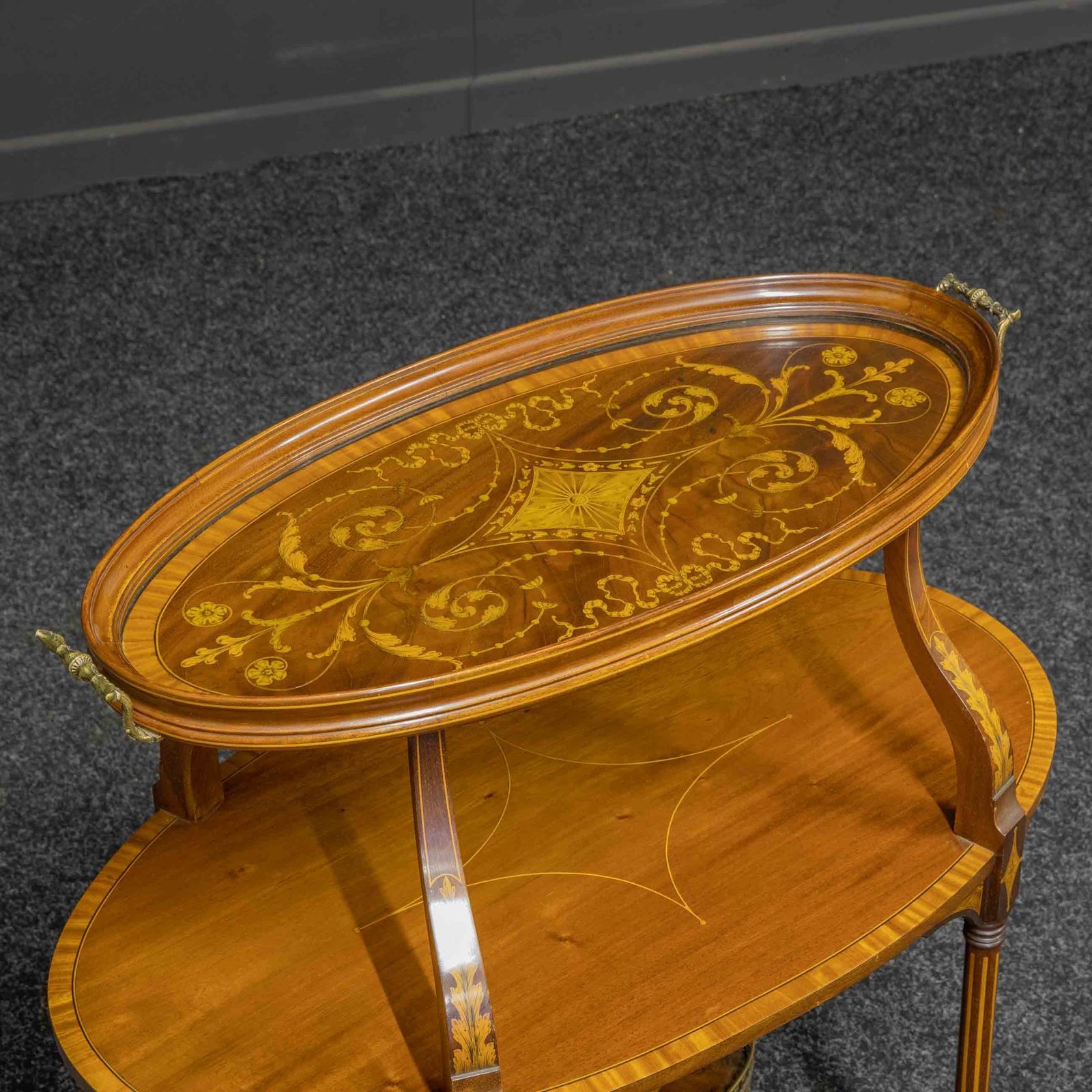 photo for sale Edwardian Inlaid Mahogany Etagere With Glass Tray Top