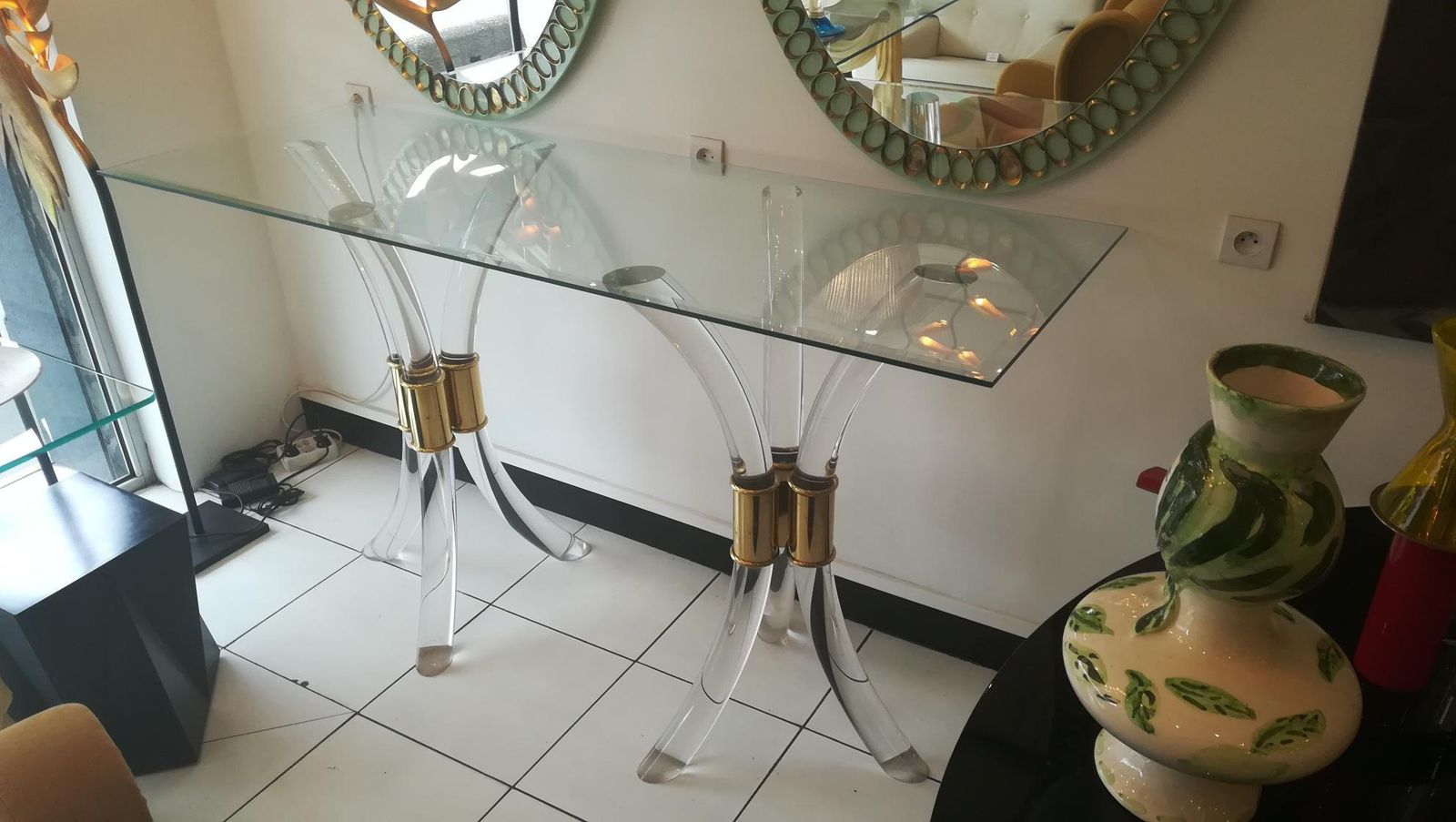 Plexiglass And Brass Console Circa 1970, With Glass Tray photo furniture