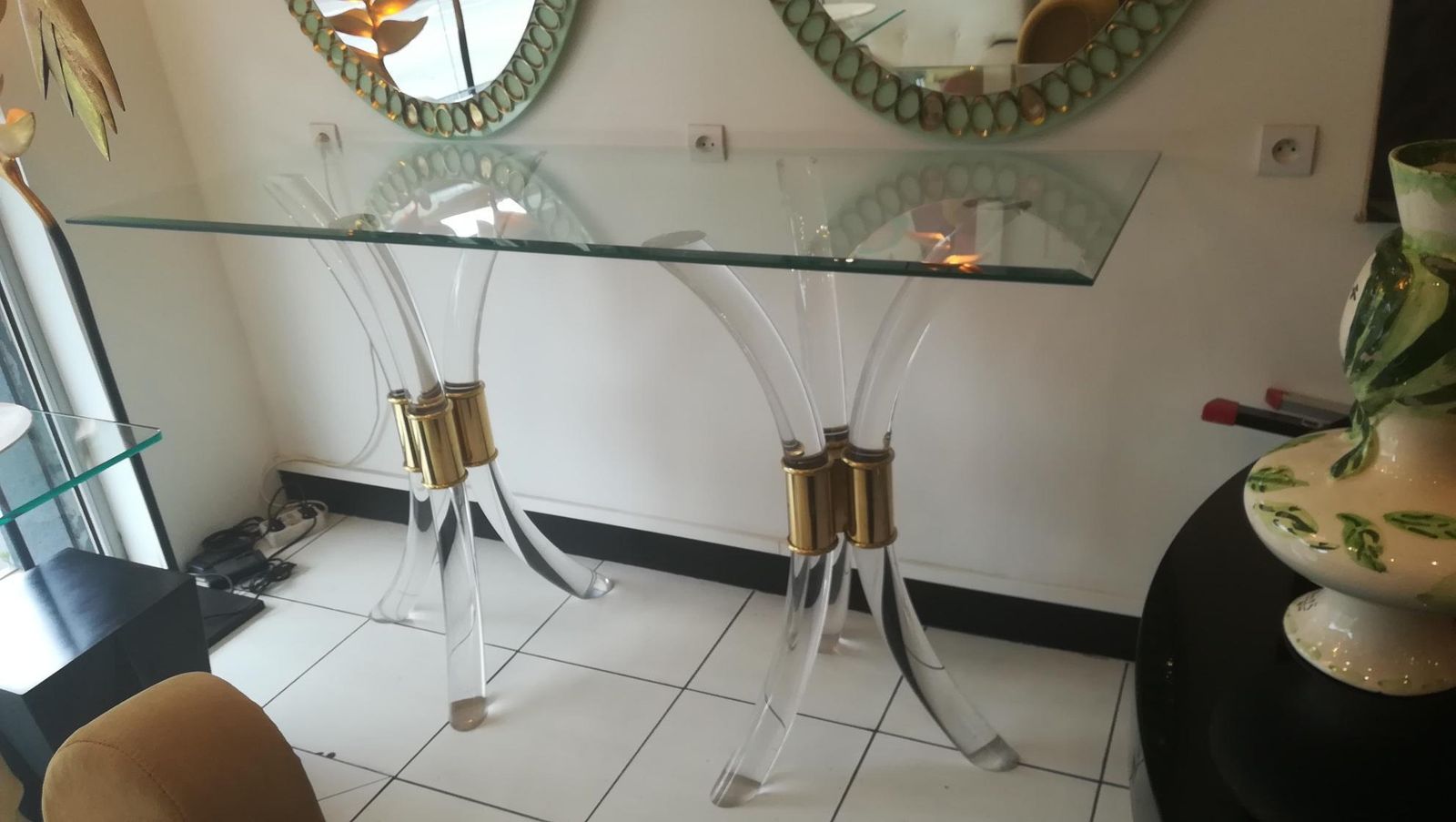 Plexiglass And Brass Console Circa 1970, With Glass Tray photo Furniture