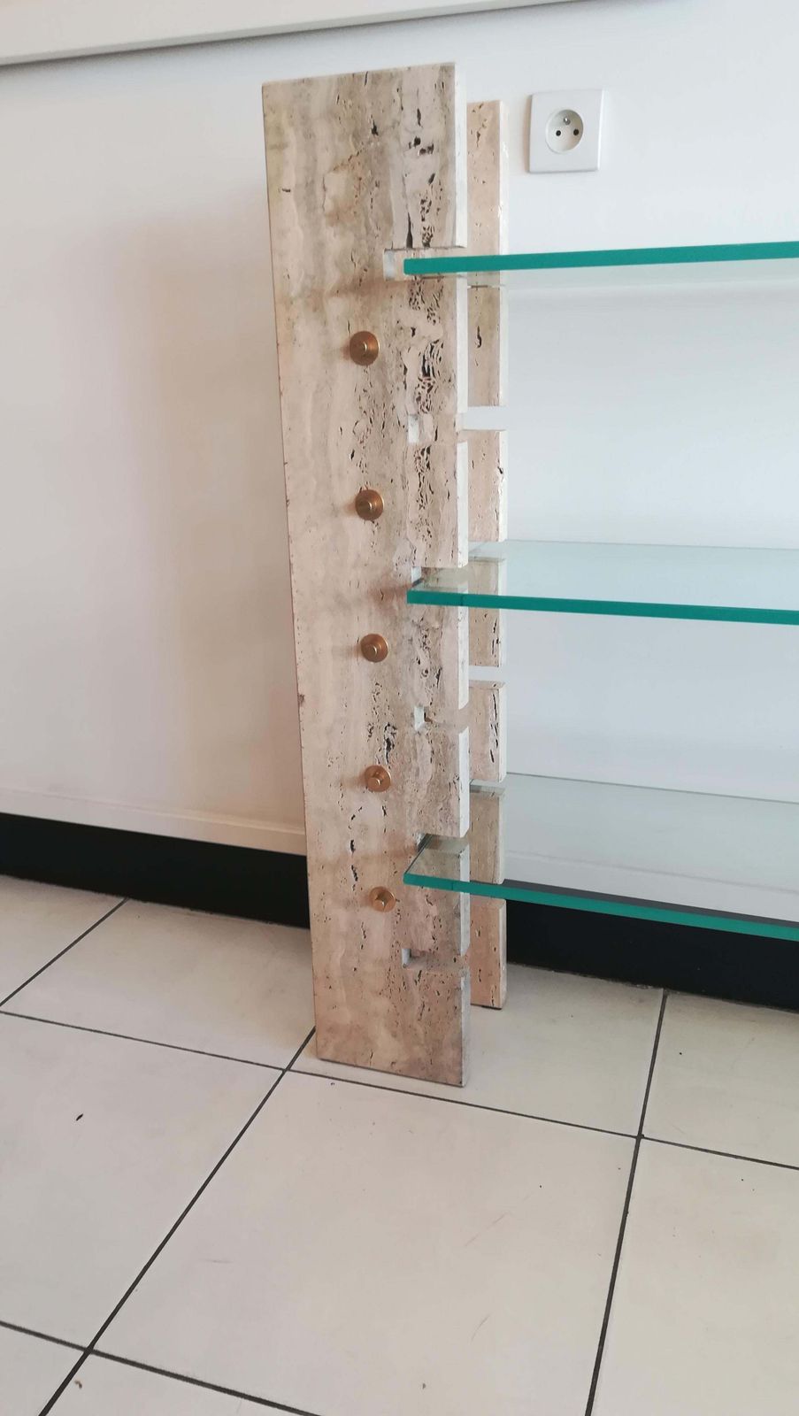photo vintage Console Or Book Holder In Travertine And Glass, Circa 1970