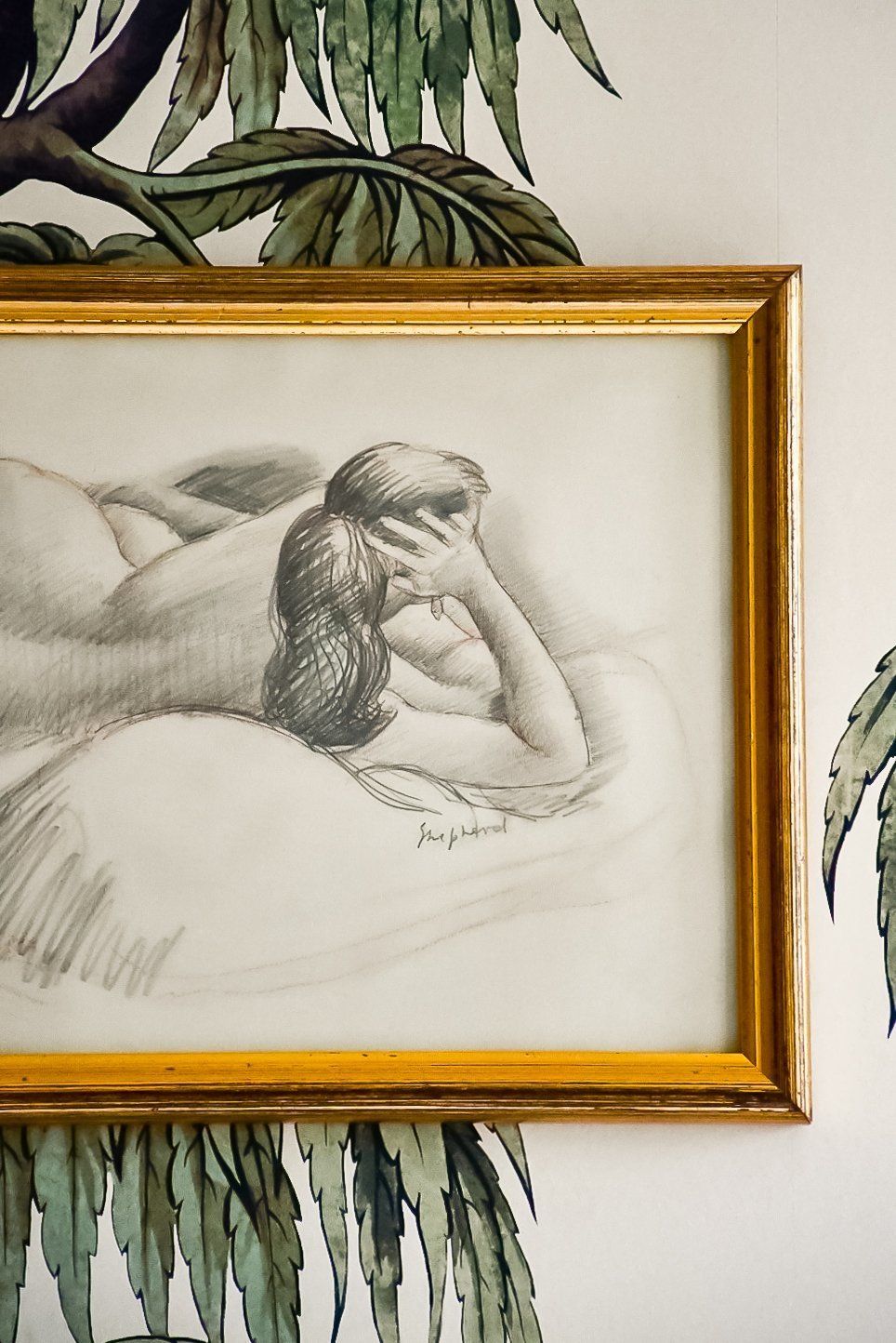 Reclined Nude By Toby Horne Shepherd, Original Framed Pencil Drawing photo furniture