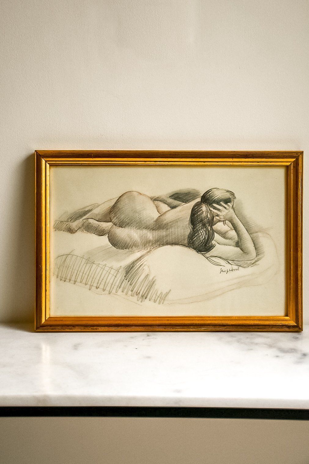 Reclined Nude By Toby Horne Shepherd, Original Framed Pencil Drawing photo buy