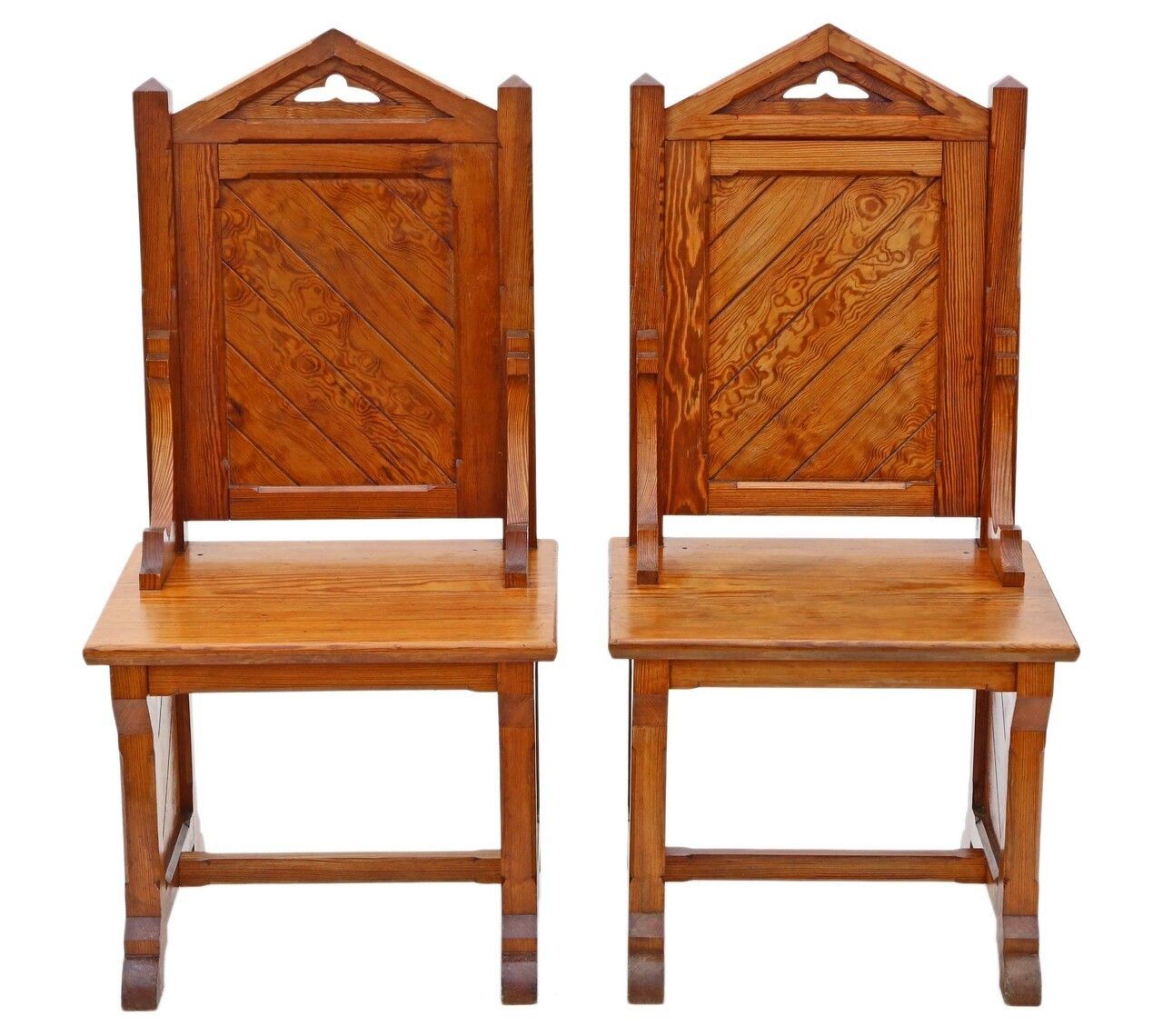 Pair Of Gothic Pitch Pine Throne Side Hall Bedroom Chairs C1900 photo for sale