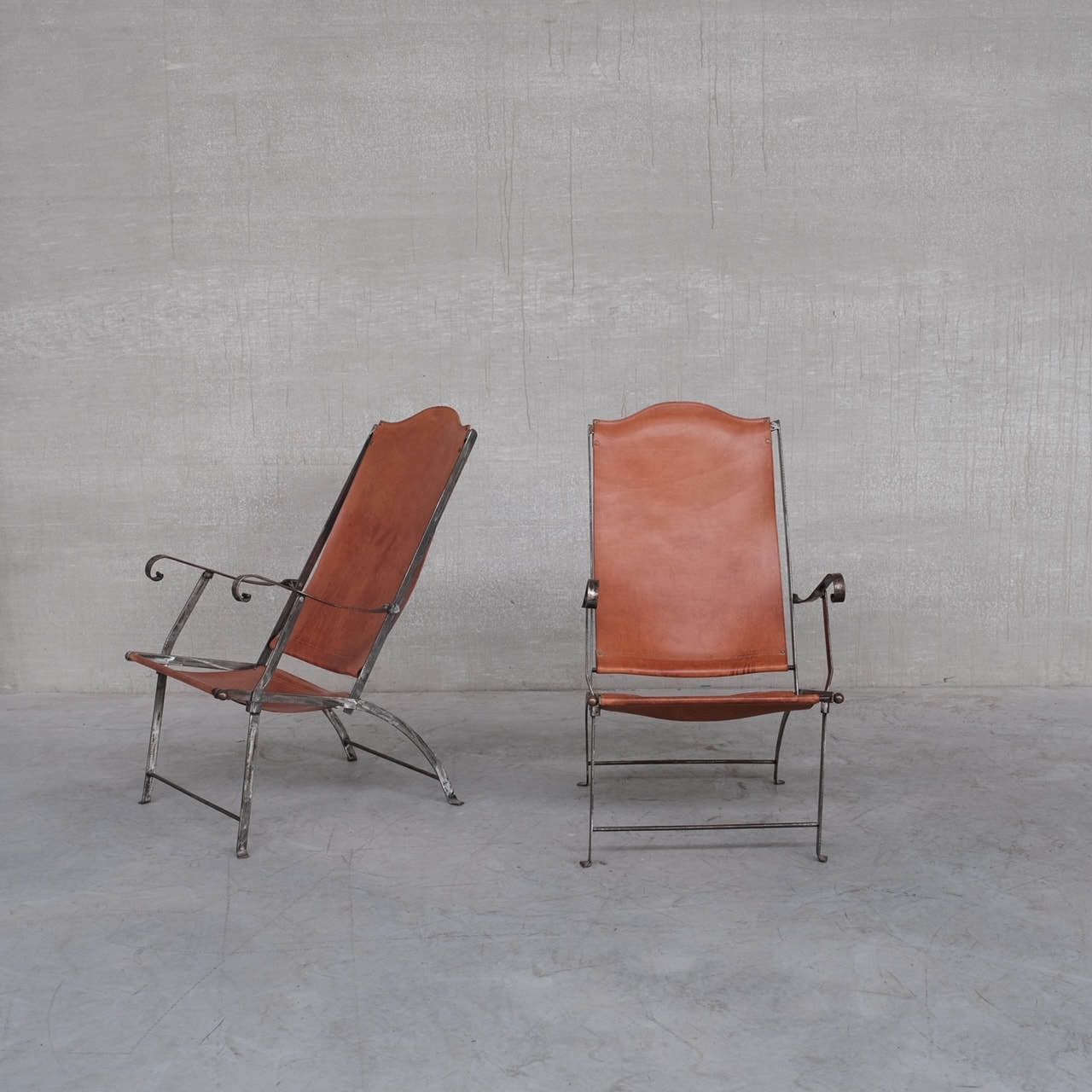 photo for sale Pair Of Mid Century Leather And Metal Folding Armchair