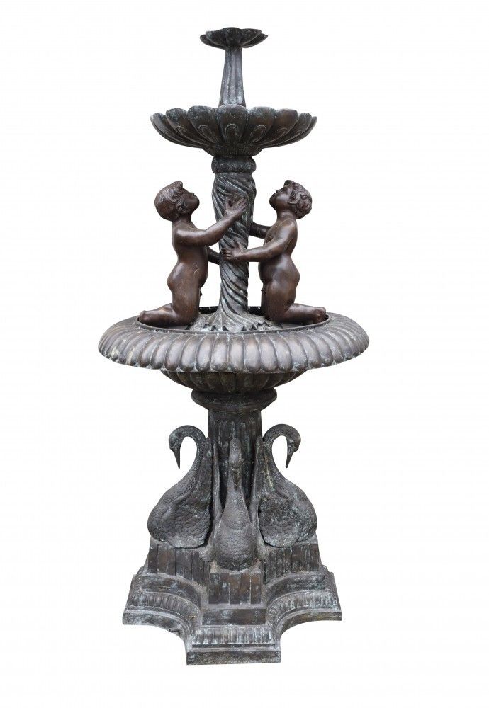 Bronze Cherub Fountain   Classical French Verdis Gris Swan Tiered Base