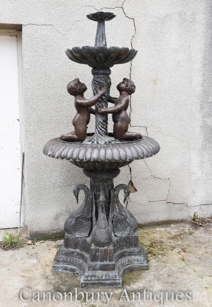 Bronze Cherub Fountain   Classical French Verdis Gris Swan Tiered Base photo for sale