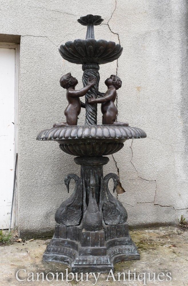 Bronze Cherub Fountain   Classical French Verdis Gris Swan Tiered Base photo Art