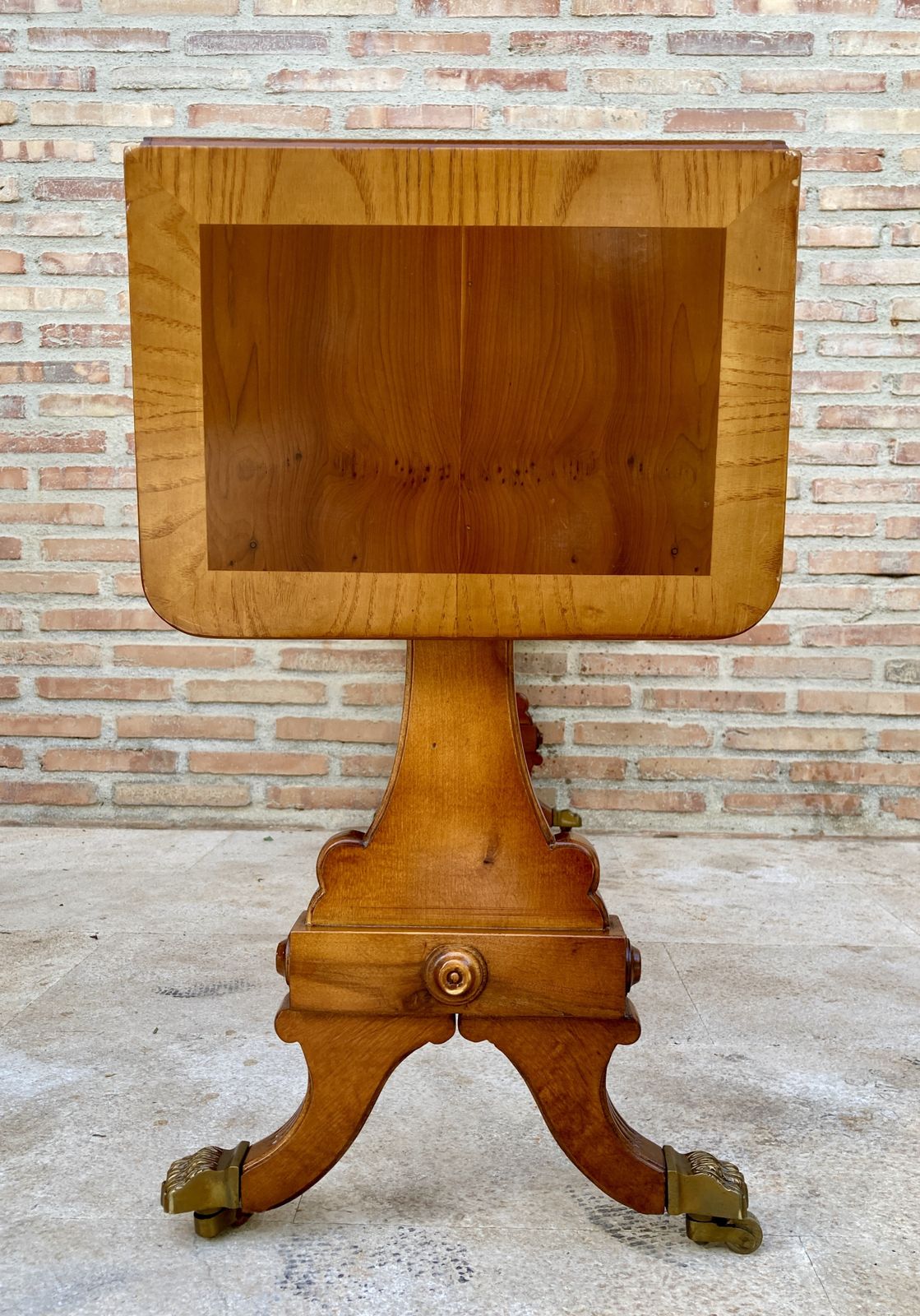 Mid 20th Century Winged Console Table In Walnut With Claw Feet In Bronze, Two Drawers And Wheels photo furniture
