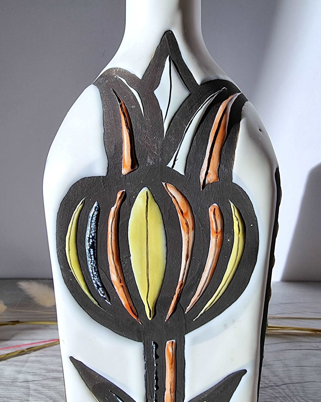 Roger Capron For Vallauris, Dipped White And Multicolour Glaze, Signed Sculptural Bottle Vase, 1950s photo furniture
