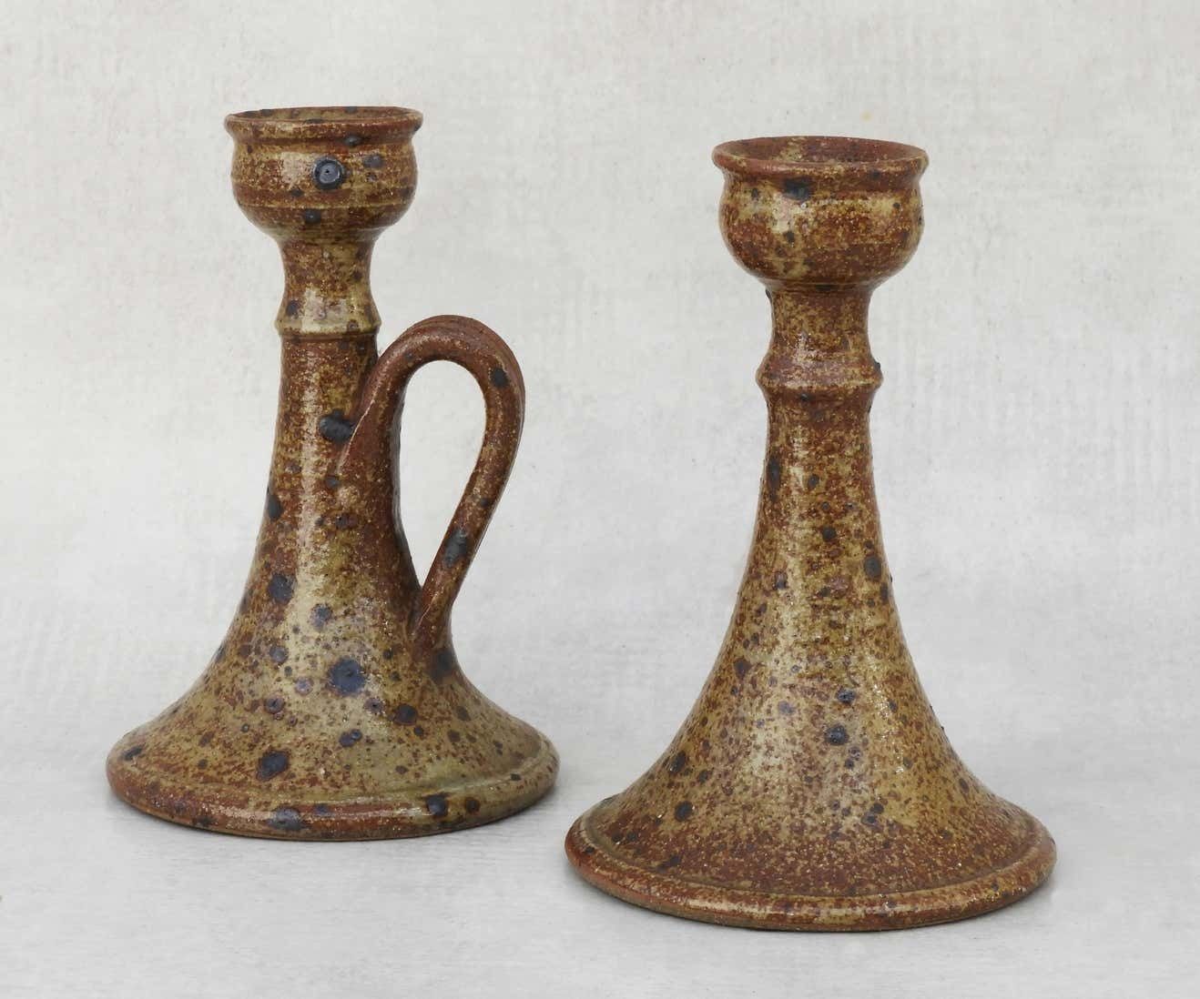 Pair Of Organic Ironstone Candle Holders 1960s French Studio Pottery photo Lighting