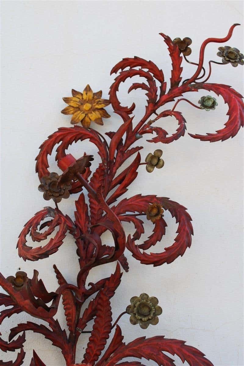 Large Decorative Floral Applique Of 1930 Italian In Red Lacquer With Flowers And photo for sale
