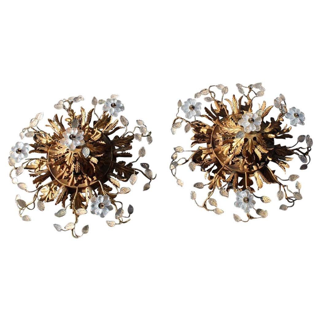 Pair Of Round Ceiling Lights In Golden Metal And French Midcentury 1950s Crystal