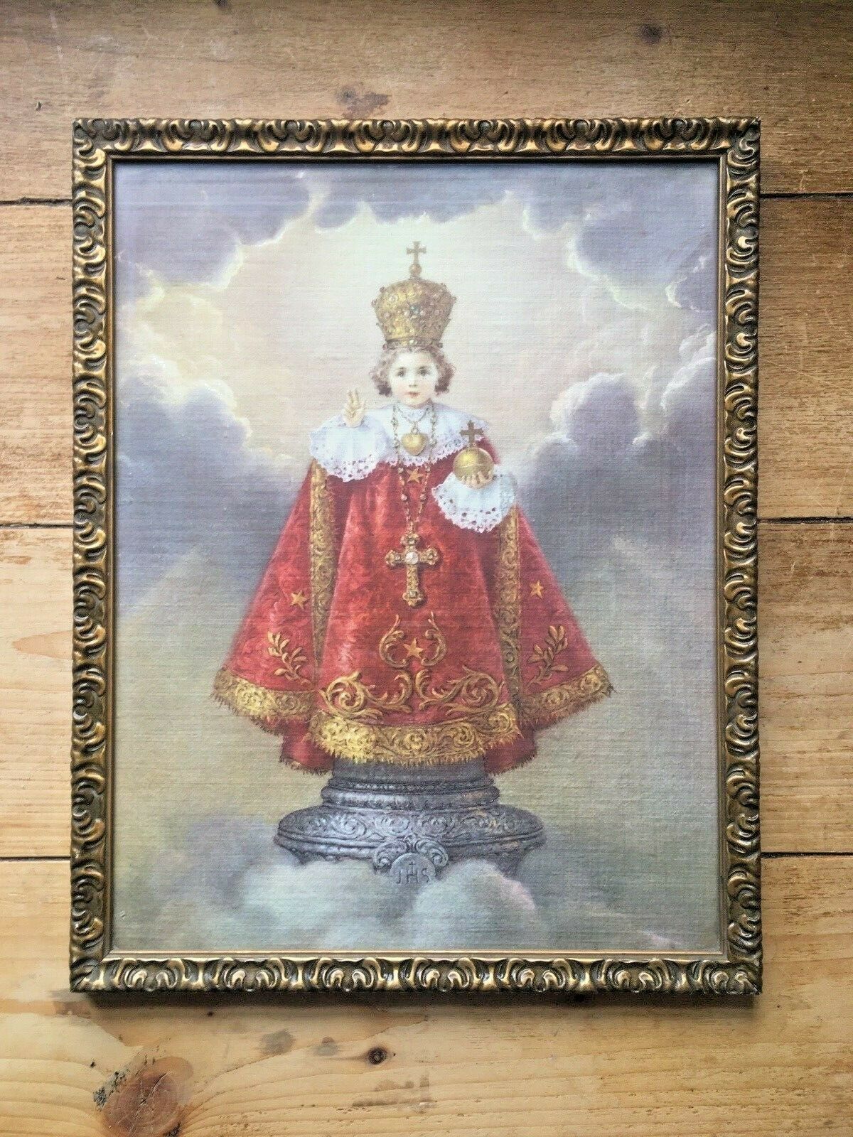 Antique Ecclesiastical Infant Jesus Of Prague Silk Print Religious Art Vintage photo for sale