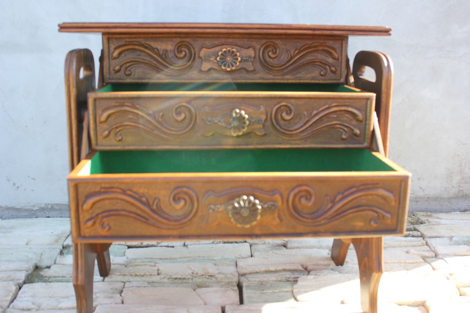 Carved Wood Sewing Cabinet With Accordion Drawers Portable Furniture photo furniture