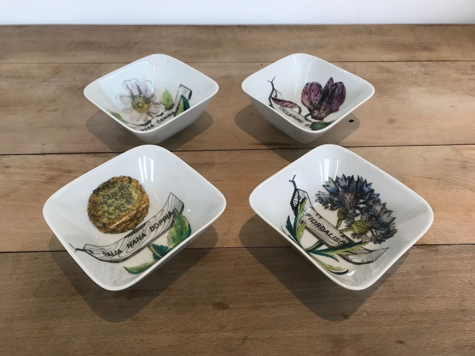 Super Rare Set Of Four Mid Century Modern Piero Fornasetti Botanica Pratica Porcelain Square Hors D'oeuvres Bowls Or Dishes