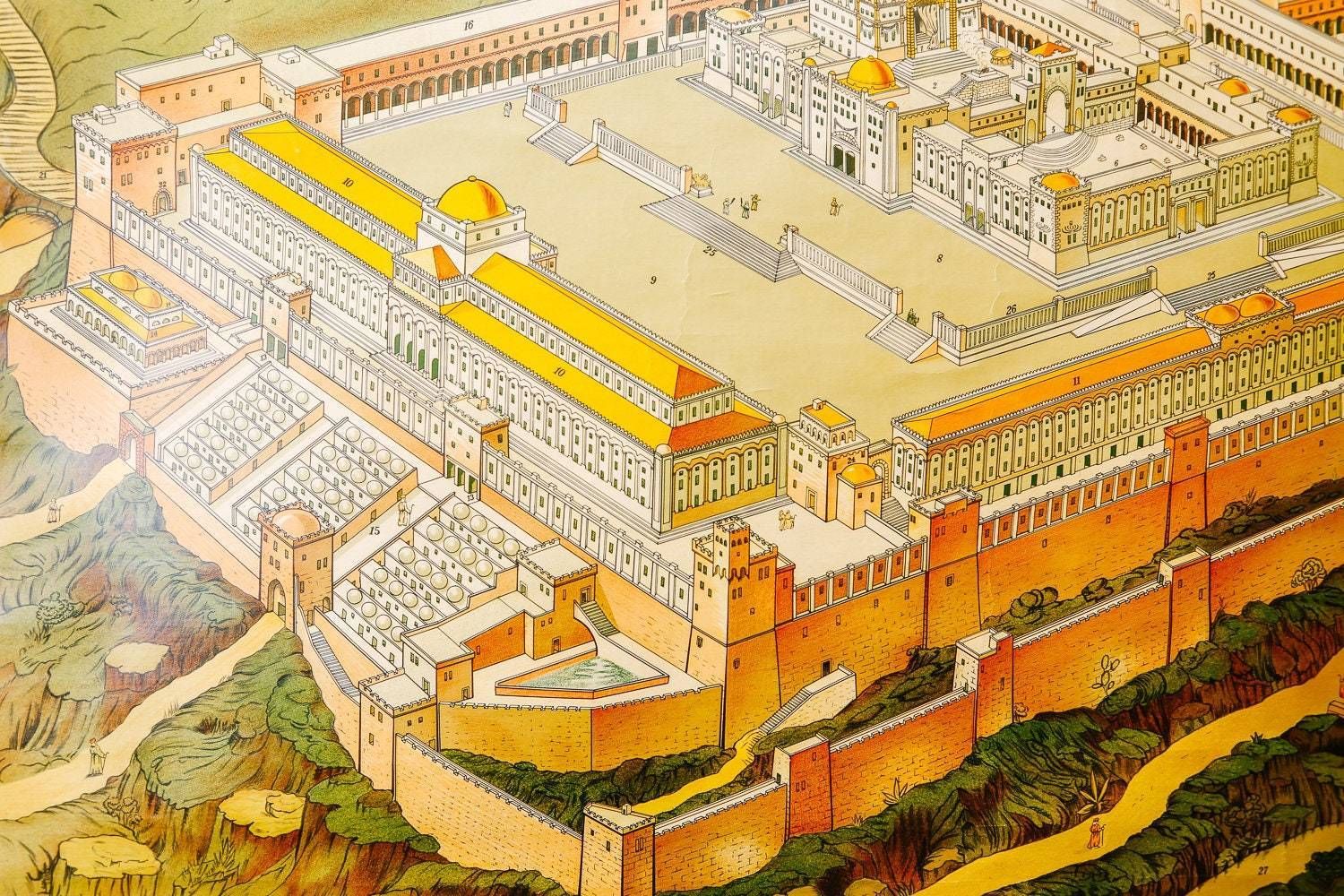 Vintage Mid Century Wall Chart Dutch Religious Temple Of Jerusalem Rare photo 259.0