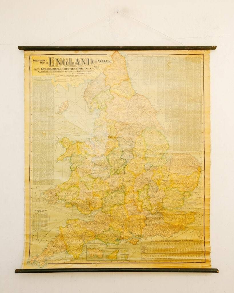 Original Vintage Antique Geographical Educational School Wall Chart Scarborough's Map Of England And Wales