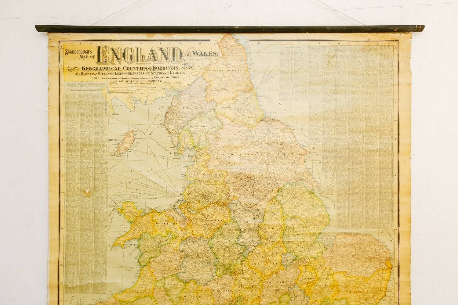 Original Vintage Antique Geographical Educational School Wall Chart Scarborough's Map Of England And Wales photo for sale
