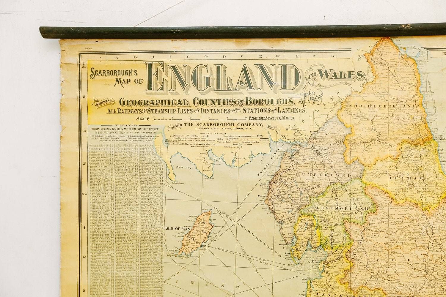 Original Vintage Antique Geographical Educational School Wall Chart Scarborough's Map Of England And Wales photo Art