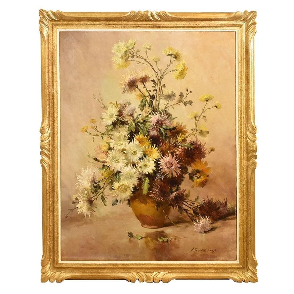 Antique Flower Painting, Dahlias, Still Life, Oil On Canvas, 19th Century. (Qf382)