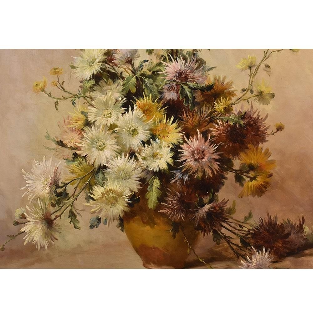 Antique Flower Painting, Dahlias, Still Life, Oil On Canvas, 19th Century. (Qf382) photo Art