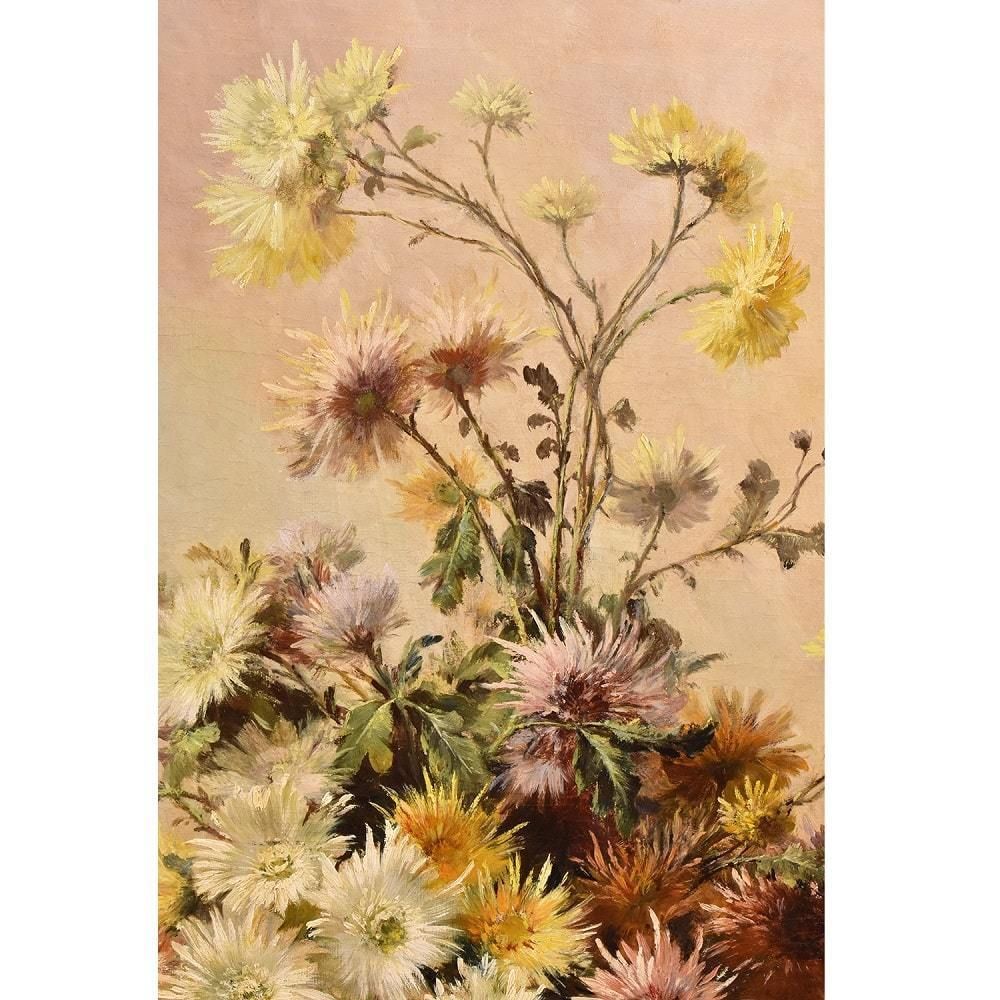 Antique Flower Painting, Dahlias, Still Life, Oil On Canvas, 19th Century. (Qf382) photo vintage