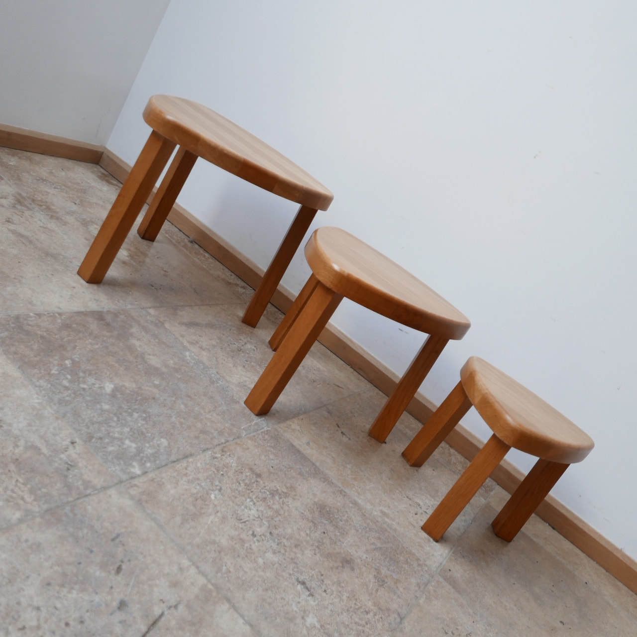 Trio Of Oak Mid Century Nesting Tables In Manner Of Pierre Chapo photo for sale