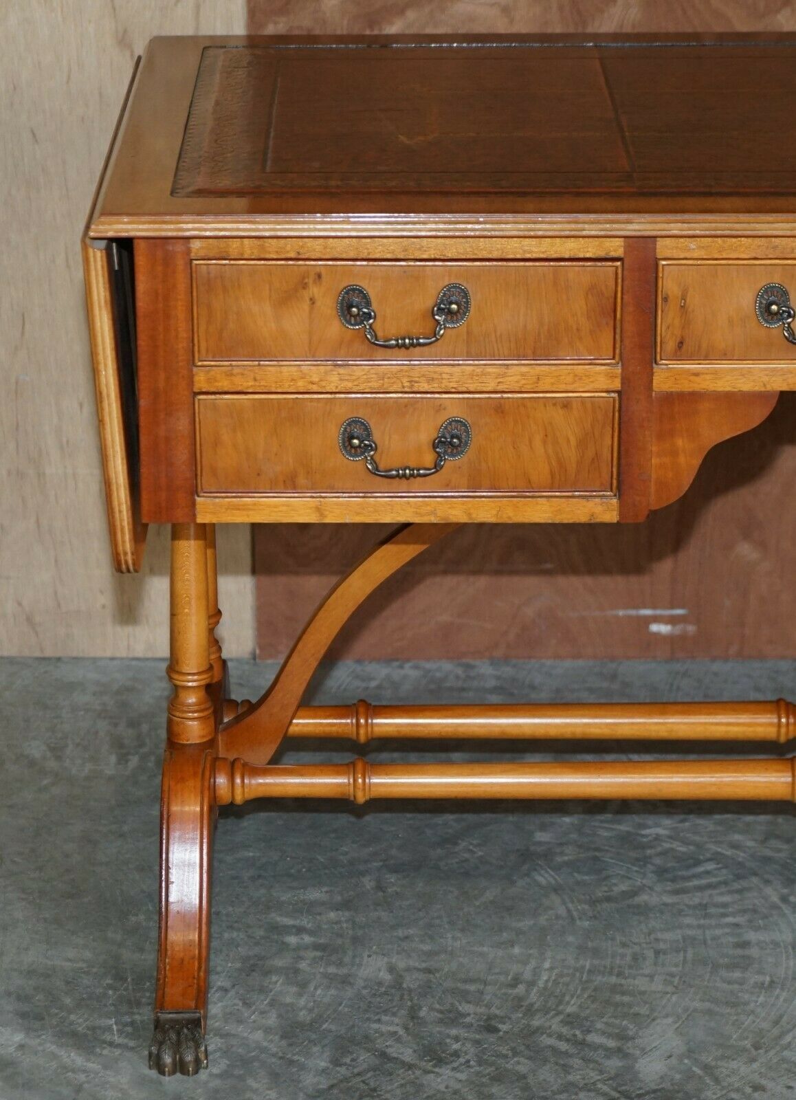 Extending Writing Table Desk, Burr Yew Wood Brown Leather Gold Leaf Embossed Top photo Furniture