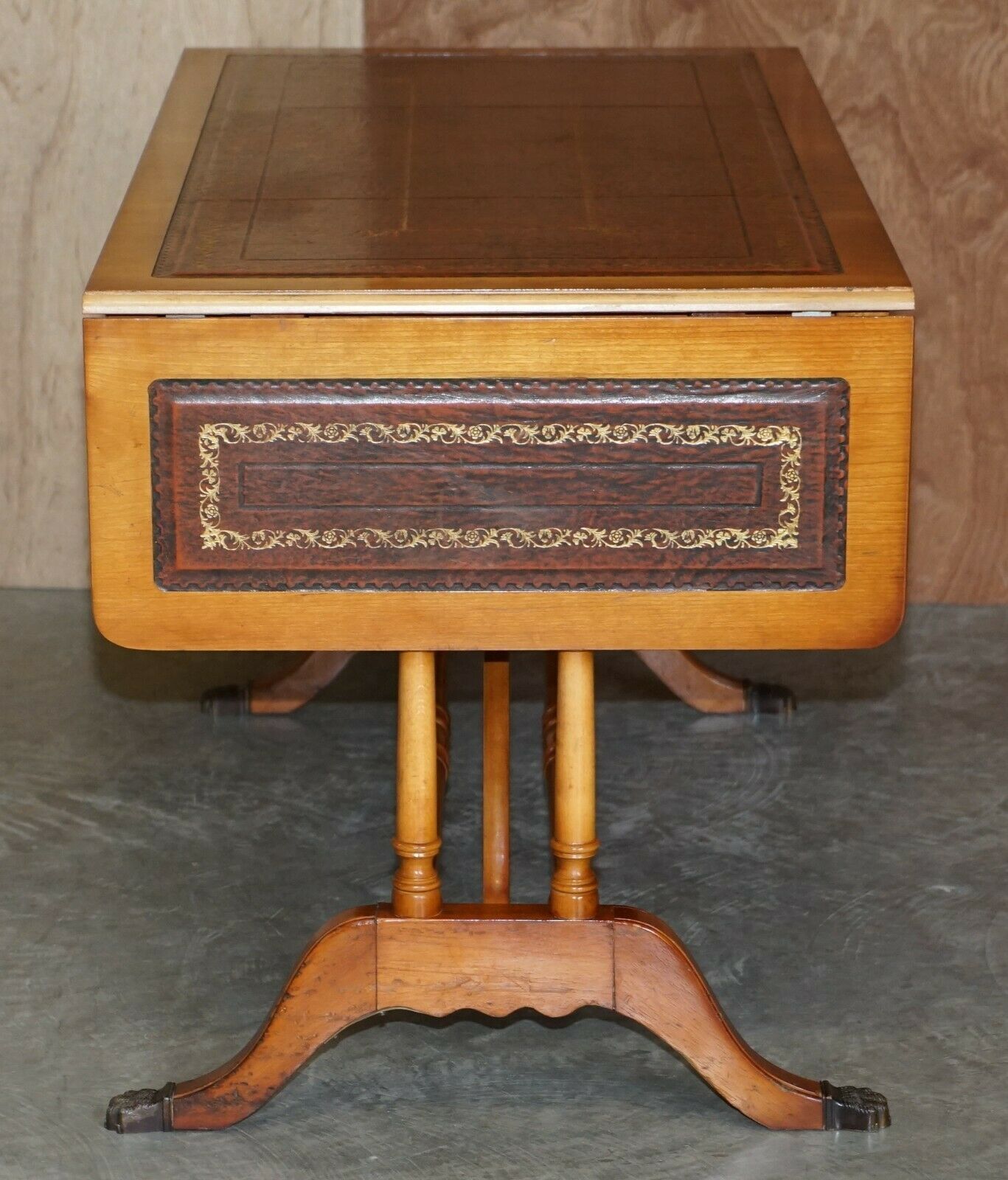 photo furniture Extending Writing Table Desk, Burr Yew Wood Brown Leather Gold Leaf Embossed Top