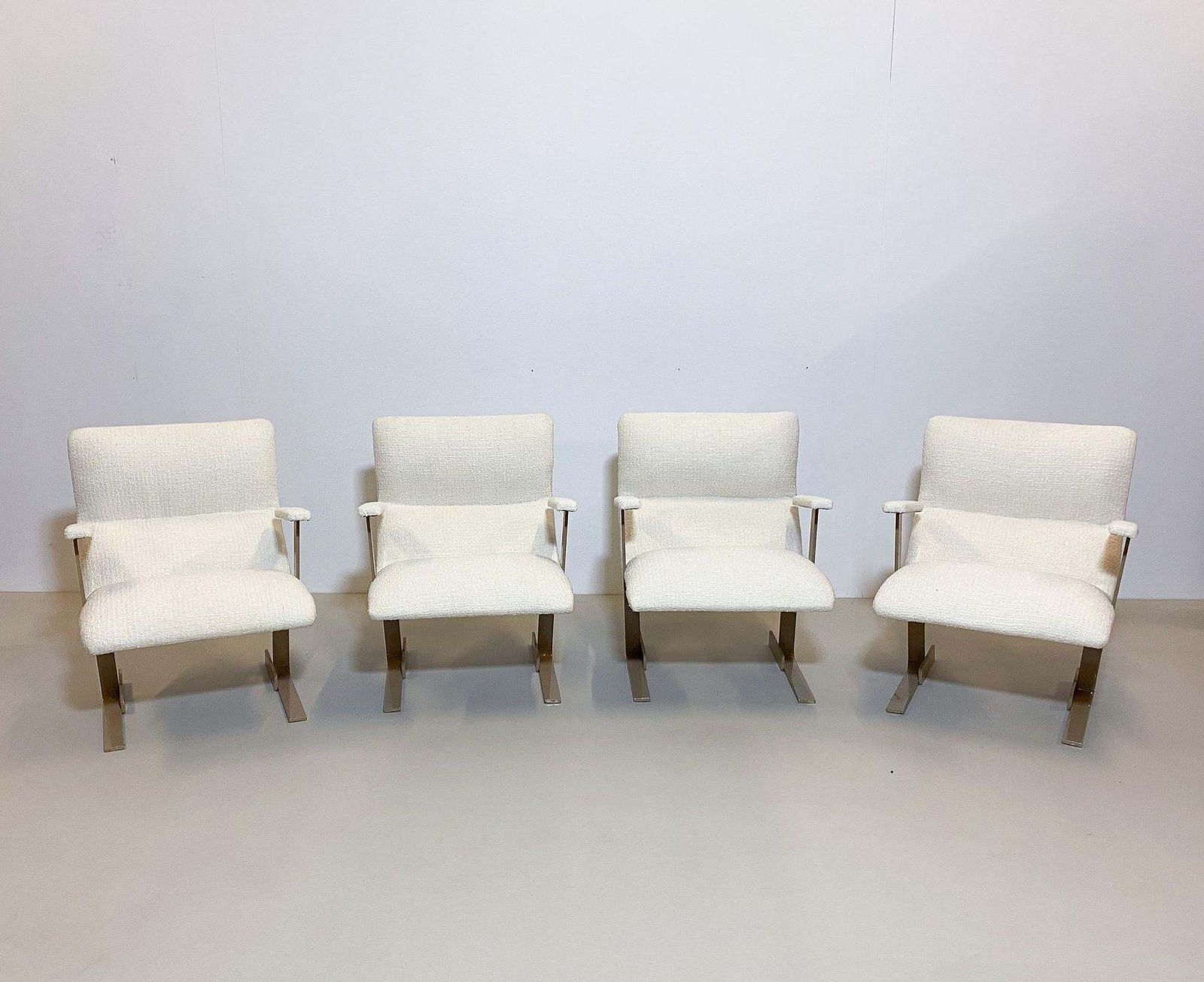 Mid Century Modern Pair Of Italian Armchairs, White Bouclette Fabric, 1970s photo furniture