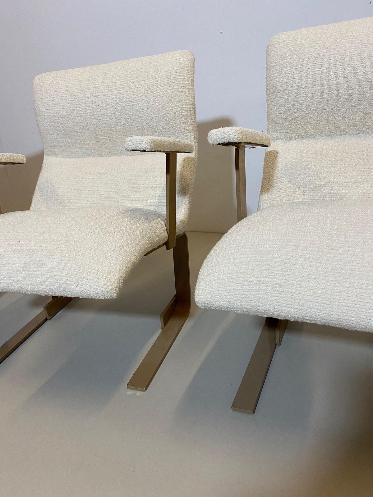 Mid Century Modern Pair Of Italian Armchairs, White Bouclette Fabric, 1970s photo Furniture